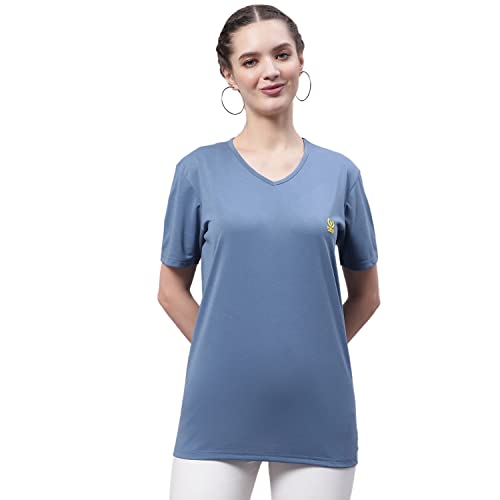 Image of Mack Jonney Women V Neck Cotton Solid Regular Fit T-Shirt-V Anthraa 001-P