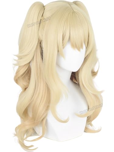 Image of Blonde Curly Ponytail Anime Wig with Bangs 27.5'' Blonde Twin Tail Wigs | Light Golden Orange Gradient Pigtails Wig for Women Costumes Party Halloween