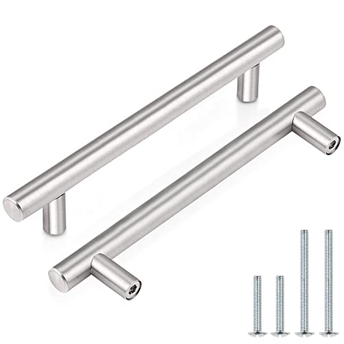 Image of Probrico Drawer Pulls, Kitchen Cabinet Handles Stainless Steel Satin Nickel Furniture Dresser Hardware,7-5 /9 Inch Total Length Euro T Bar, 30 Pack - Hole Center 5 Inch(128mm), Brushed Nickel