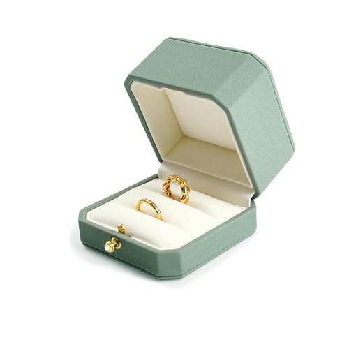 2Slots Leather Ring Box Jewelry Gift Box Mirofiber Interior Wedding Ring Case for Birthday, Proposal, Engagement, Wedding, Valentine's Day (Green)