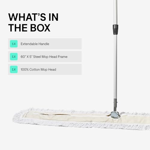 Image of Commercial Dust Mop - 60 Inch Floor Sweeper | For Hardwood, Reusable Cotton Mop Head, Extendable Handle, Dry Mop for Floor Cleaning & Janitorial Supplies