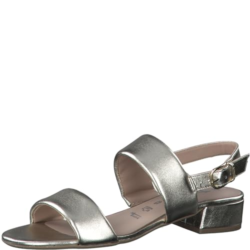 Tamaris Damen Sandalen mit Absatz Leder Blockabsatz Sommer; LIGHT GOLD METALLIC/metallic; 36 EU