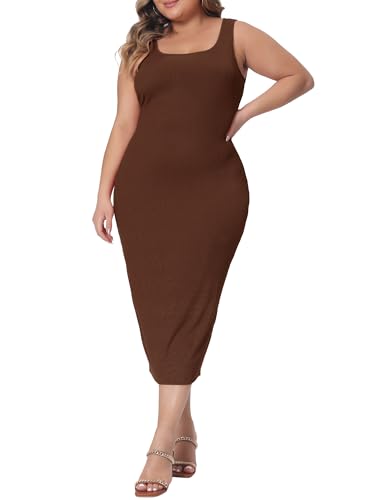 Image of Agnes Orinda Plus Size Dress for Women Summer Sleeveless Square Neck Bodycon Cocktail Sundress Sexy Midi Tank Dress