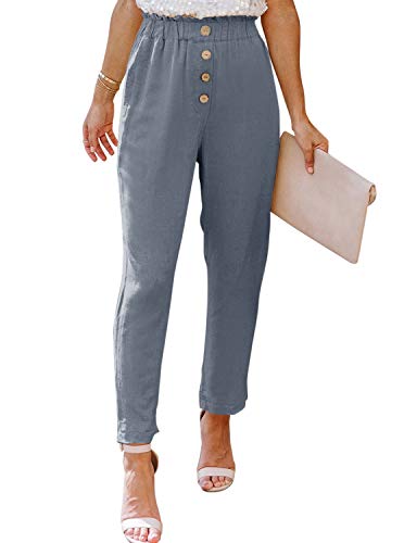 NIMIN Women's Casual Pants Loose Elastic Waist Pants Soft Solid Chic Work Pants Paper Bag Pants with Pockets Blue Grey Medium