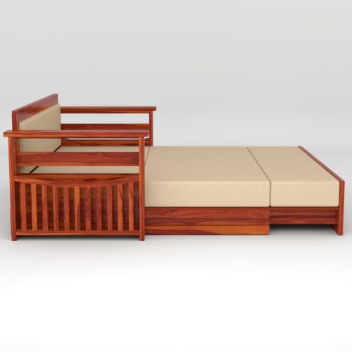 Image of Solid Sheesham Wood Sofa Cums Bed with Mattress & Storage | Rosewood Convertible Sofa Bed for Living Room & Bedroom (G-Honey Finish, 3 Seater)