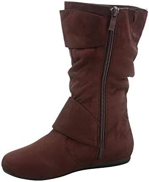 Link Klein-70k Girl's Kid's Faux Suede Two Buckle Zipper Flat Heel Mid Calf Slouchy Boot Shoes (11 B(M) US, Brown) | Image 1