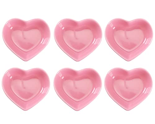 WHJY Pink Love Heart Shaped Ceramic Bowl Set of 6 Contemporary Porcelain Side Dishes Seasoning & Soy Dipping Sauce Bowls for Wedding & Birthday Party
