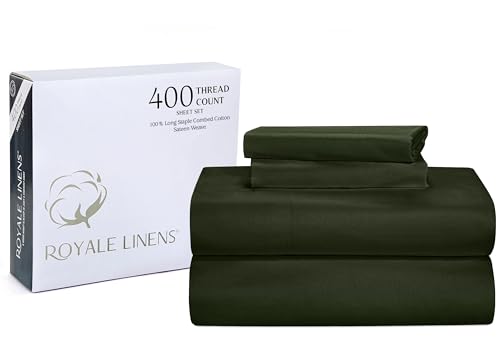 Royale Linens 400 Thread Count 100% American Grown Cotton 4 Piece Sateen Queen Sheet Set - 1 Fitted, 1 Flat Sheet, 2 Pillow case - Leaf Green Bedsheet Set - Cooling Cotton Sheets - (Queen, Leaf Green)