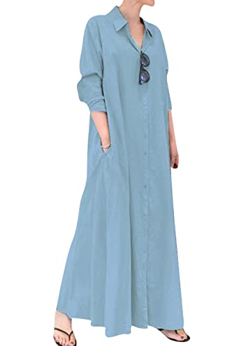 Robe chemise femme coton lin grande taille bleu ciel vêtement été fluide taille M