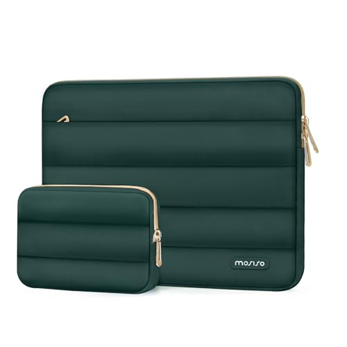 Image of MOSISO 13-14 inch Laptop Case, 13.3 inch Puffy Laptop Sleeve Compatible with MacBook Air 13 13.6 M3 M2 M1 /Pro 13 /Pro 14, HP, Dell, ASUS, Lenovo, Polyester Horizontal Bag with Small Case, Peacock Green