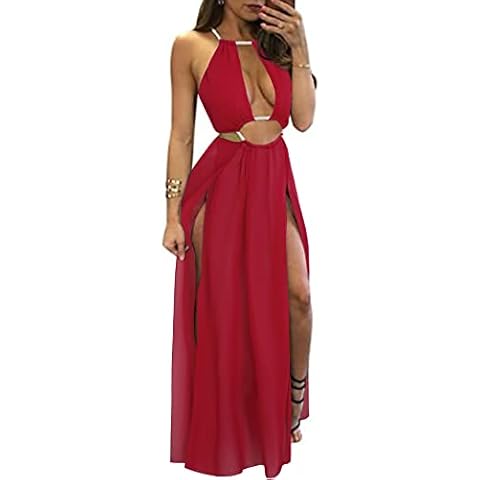 BIUBIU Women's Sexy Boho Floral Halter Summer Maxi Dress Beach Party Split Cover Up Swimsuit Outfit 2024 (Red,XL) Cover