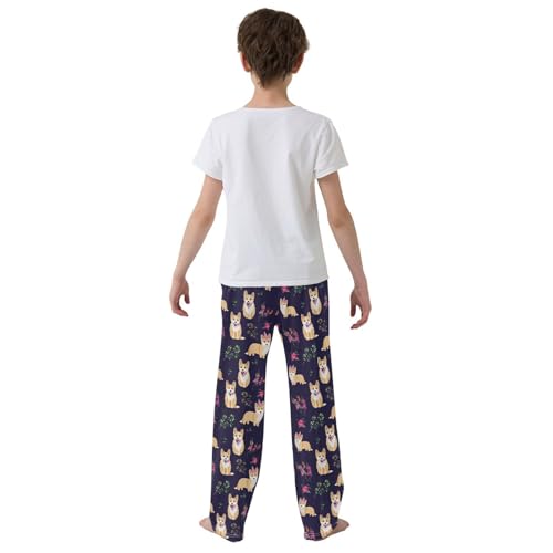 Corgi Dog Rose Floral Boys Long Pants Soft Trousers Elastic Waist Kids Lounge Bottoms with Pockets S-XL3