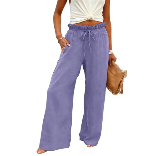 2026 Pantalones Palazzo Mujer de algodón y Lino, Pantalón Cintura Alta Elástica con Cordón Bolsillos Transpirable Pantalones Largos Color Sólido Pants Casual Verano