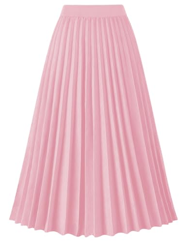 Rorzain Pleated Midi Skirts for Women High Waist Knee Length Skirt,Pink,Large