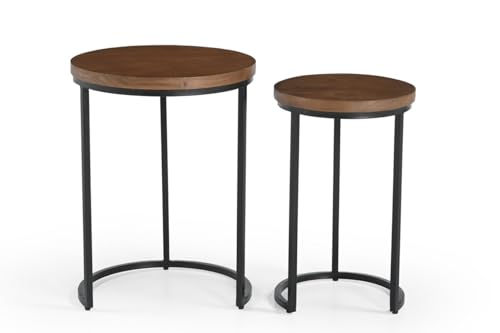 Image of INTERNATIONAL FURNITURE & IRON Nest of 2 Table, Metal Black, Acacia Wood Natural Finish Top, Big 40 X 40 X 53Cm, Small 30 X 30 X 48Cm