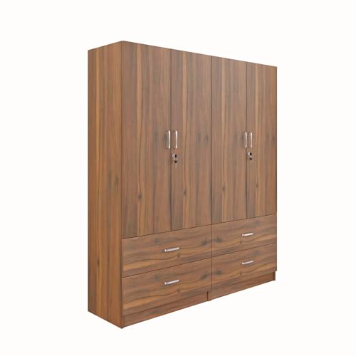 Image of VIKI Wardrobe | Wooden Almirah for 4 Door 4 Drawer with Shelves & Hanging Space Wardrobe (Brussel Walnut - 40D x 160W x 180.8H) | 1 Year Warranty | Free Assembly