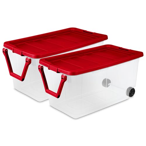 Sterilite Wheeled Storage Box, Clear Bins with Red Lid, 160 Quart, 2-Pack