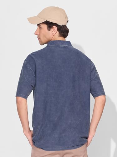 Image of The Souled Store Estate Blue Men and Boys Short Sleeves Collared Neck Solid Cotton Oversized Polos