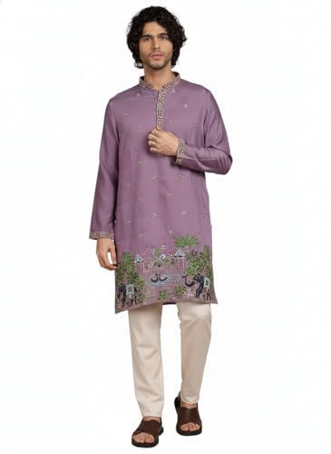 Image of Amazon Brand - Tavasya Men Printed Kurta with Ethnic Motif Border | Special Haldi Kurta | Festive Embellished Long Kurta | Embroidery Kurta | Ethnic Wear | Mandarin Collar | Knee Length