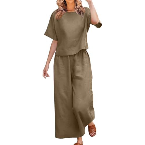 Traje informal de verano de dos piezas para mujer, de algodón y lino, elegante, informal, cuello redondo, manga corta, camiseta y pantalón, 2 piezas, ligero y aireado, marrón, XL
