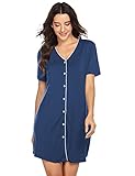 ADOME Nachthemd Damen Kurzarm Nachtkleid Kurz Pyjama Schlafanzüge Negligee Stillen Sleepshirt Schlafshirt Sleepshirt Sleepwear Kleid Sleep Tee Nachtwäsche Knopfleiste Sexy V-Ausschcnitt Modal Blau XL