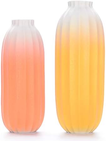 Daveinmic Set of 2 Modern Ceramic Porcelain Fluted Vases Yellow Vase& Orange Vase Home Decoration Flower Vases Gifts for Mother's Day (1#Yellow&Orange)