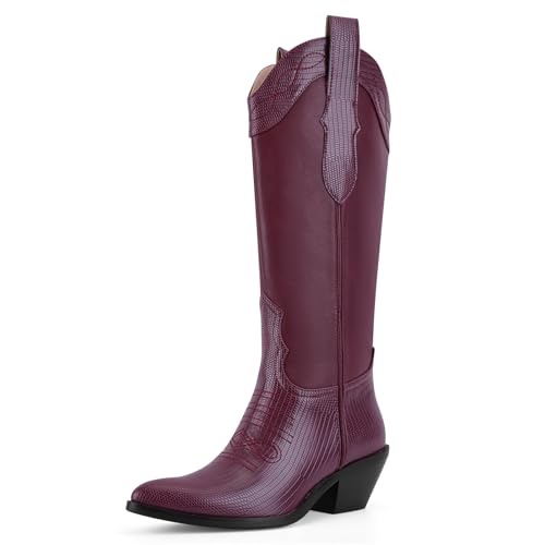 VOZTOLLS Cowboy Boots for Women Knee High Cowgirl Western Boots with Snakeskin Print Pointed Toe Chunky Heel Pull On Fashion Trendy Tall Boot for Ladies Burgundy Size 8.5