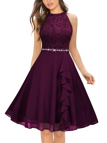 Image of Miusol Women's Halter Neck Lace Ruffle Vintage Cocktail Party A-Line Bridesmaid Dress