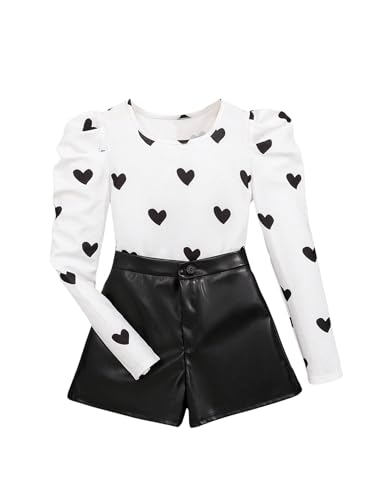 Image of Floerns Girl's 2 Piece Outfit Heart Print Long Sleeve Tee Top and PU Leather Shorts Set Black 11Y