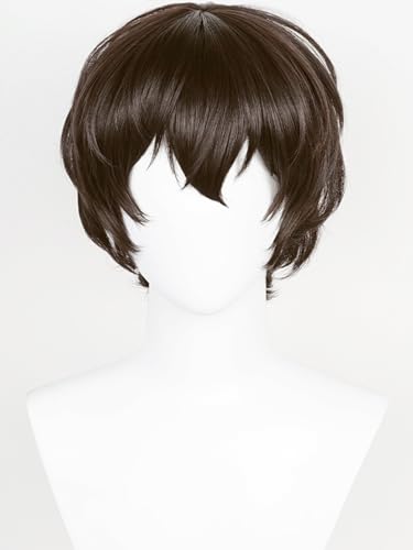 Image of Half and Half Dazai Cosplay Wig Short Dark Brown Anime Wig with Bangs Men's Brown Layered Wigs Synthetic Fiber Hair for Unisex Halloween Party