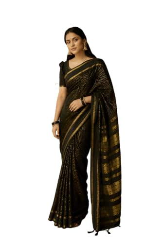 Image of South Cotton Gadwal Saree for Women | Celebrity Inspired Traditional Ethnic Wear | Chettinad & Kalyani Cotton Sarees | Soft Cotton Saree with Blouse Piece | Black
