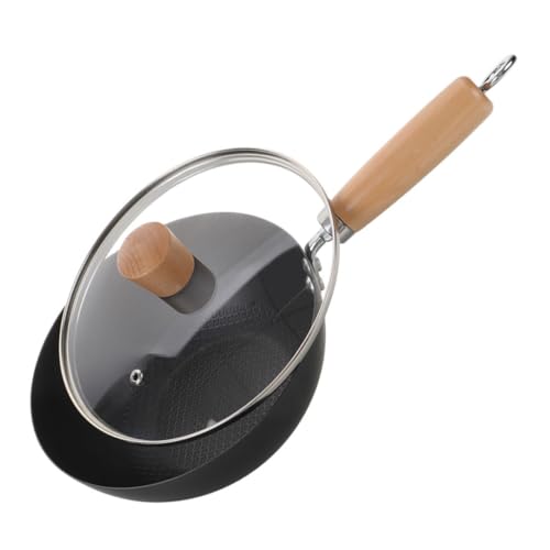 MOKKHNB Cast Iron Wok Pan with Lid Traditional Chinese Wok Nonstick Stir Fry Pan with Wood Handle for Gas Electric Stove Cooking Compact Design for Small Households