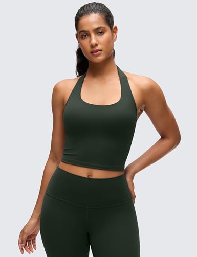 Image of CRZ YOGA Butterluxe Halter Crop Tank Tops | Light Support, Removable Pads, Yoga, Extremely Soft, Open Back, Longline Sports Bras for Women