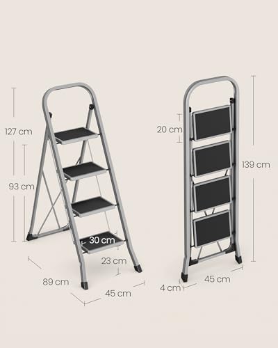 SONGMICS Trittleiter, Leiter mit 4 Stufen, Klapptritt, Klappsicherung, einfach zu verstauen, bis 150 kg belastbar, Taubengrau GSL004G01