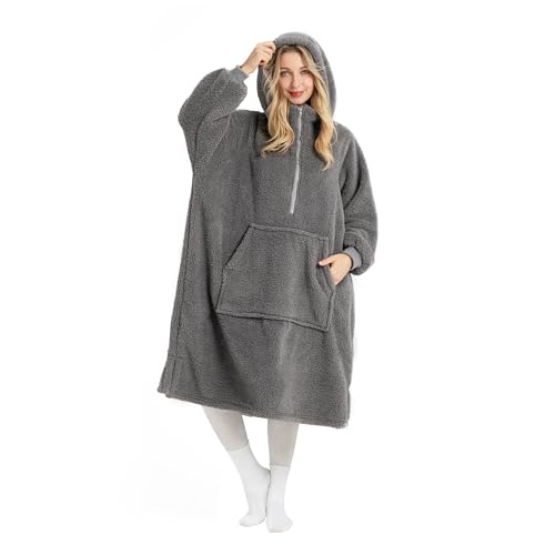 Winthome Lengthen Oversized Blanket Hoodie for Women Men Adult, Sherpa Fleece Wearable Blanket with Zipper, Gift for Family Friends (Grey, Adult size)
