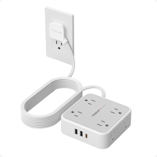 TESSAN Surge Protector Power Strip 15 Ft Flat Plug Extension Cord with 3 USB (1 USB C 20W PD) 8 Outlets 1250W 900J Protection 3 Sided Outlet Extender with Power Switch for Office Dorm Room Grey