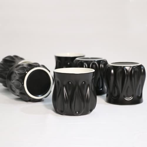 Guangyagn 6 pieces Coffee Mugs without Handle,12 oz(350ml) Handleless Porcelian Cups,Unique Embossed Mugs,Black Color Glazed Mug set of 6, for Drinks