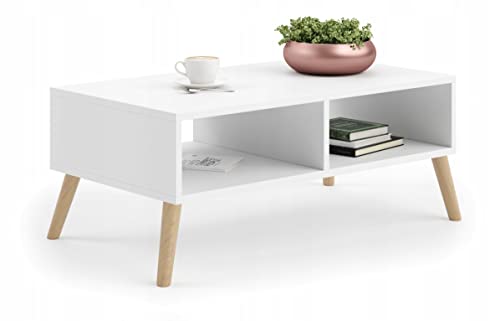 KUBUTKU Mesa de centro de salón 90x40x50 con 2 estantes de almacenamiento estilo minimalista industrial moderno elegante patas de madera de haya, mesa de oficina decorativa (blanco)