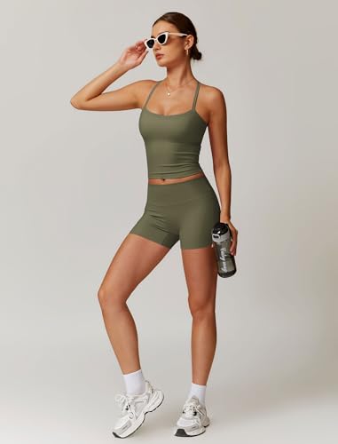 Image of ABOCIW 2 Pieces Workout Sets for Women, Cross Back Tank Top Matching High Waist Biker Shorts, Gym Yoga Pilates Outfits