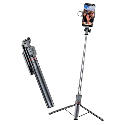 Perche à selfie trépied avec lumière de remplissage, trépied extensible de 177,8 cm avec télécommande Bluetooth, bâton de voyage léger pour iPhone, Samsung, smartphones