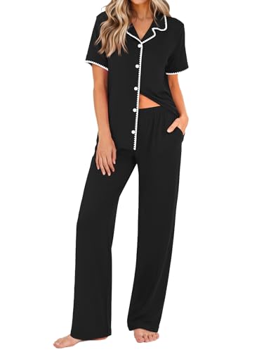 Image of Ekouaer Women's Pajama Sets Button Down Loungewear Short Sleeve Sleepwear 2 Piece Pants Pjs Set with Pockets S-XXL