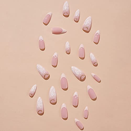 Almond Press On Nails Medium Glossy Pink Nude Leaf False Nails Summer Artificial French Tip Fake Nails For Women Acrylic Stick On Nail With Adhesive Tabs 24 Pcs #TOP1