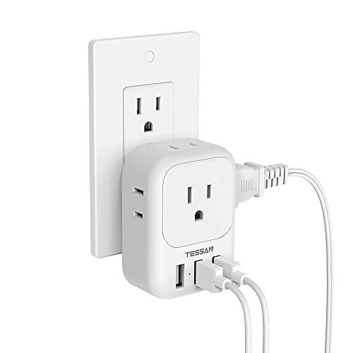 USB C Charger Block 20W PD, TESSAN Foldable Wall Charger with 4 USB Ports and 4 AC Outlet Extender, Multi Charging Station for Cruise, Home, Office, Dorm Room Essentials, White