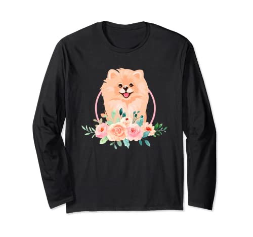 Pomeranian Flowers Pommy Pom Perro Raza Alemán Spitz Puppy Manga Larga