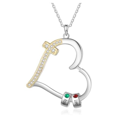 Wendy Made Custom Heart Name Necklace for Women Personalized 2-5 Birthstones Necklace with Cross for Mother Daughter Mothers Day Christmas Gifts for Mom (2 Birthstones) Cover