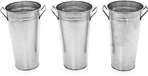 Hosley Set of 3 Galvanized French Bucket Vase with Handles 5 W x 9 H Ideal for Farmhouse Dried Floral Arrangements at Home for Weddings Gifts Spa and Aromatherapy Settings O5
