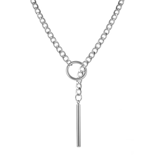 Slip Chain Necklace for Women Men Gothic Stainless Steel Cuban Link Long Necklace with Bar Pendant Punk Rock Collar Choker Adjustable Lariat Y Necklaces