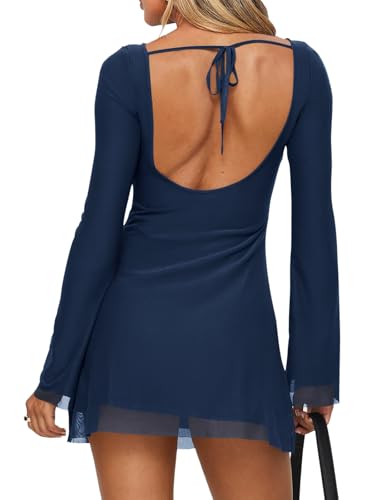 Yousify Women's Sexy Backless Mini Dress Sheer Mesh Bell Long Sleeve Tie Back Boat Neck Bodycon Club Party Dresses Navy