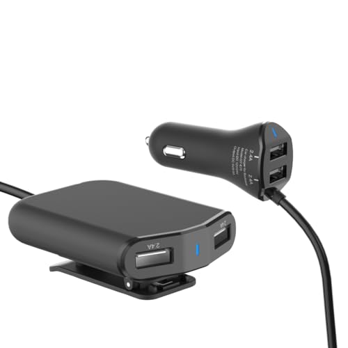 Girafus KFZ 12V 24V 4x2,4A USB Zigarettenanzünder Verlängerung 1,2 Meter Ladeadapter HUB Ladegerät Adapter VERTEILER Auto Handyladegerät für VORDER- UND RÜCKSITZ CAR Charger für iPad iPhone
