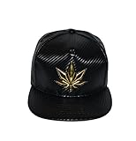Popfizzy Weed Hat, Gold Leaf Flat Brim Hat, Marijuana Snapback Trucker Cap, PU Leather Pot Leaf Baseball Caps